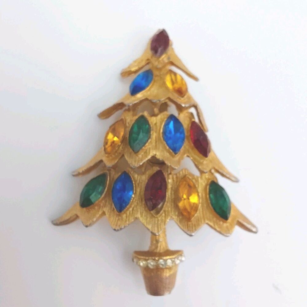 Christmas Tree Gold tone Marquise Cut Multicolor Rhinestone  Brooch Pin Vtg